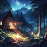 A hut in the middle of forest at night