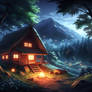 A house in the middle of forest at night