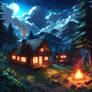 A village house in the middle of forest at night
