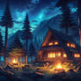 A hut in the mountain forest with a fire pit