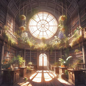 A library with a big window and lots of plants