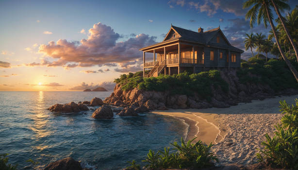 A house in the island by the sea at sunset