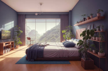 A bedroom with computer monitors a bed and plants