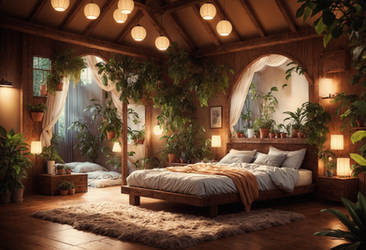 A Bedroom With A Large Bed And Lots Of Plants
