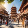 Create A Image With Pagoda Style Temple Having Peo