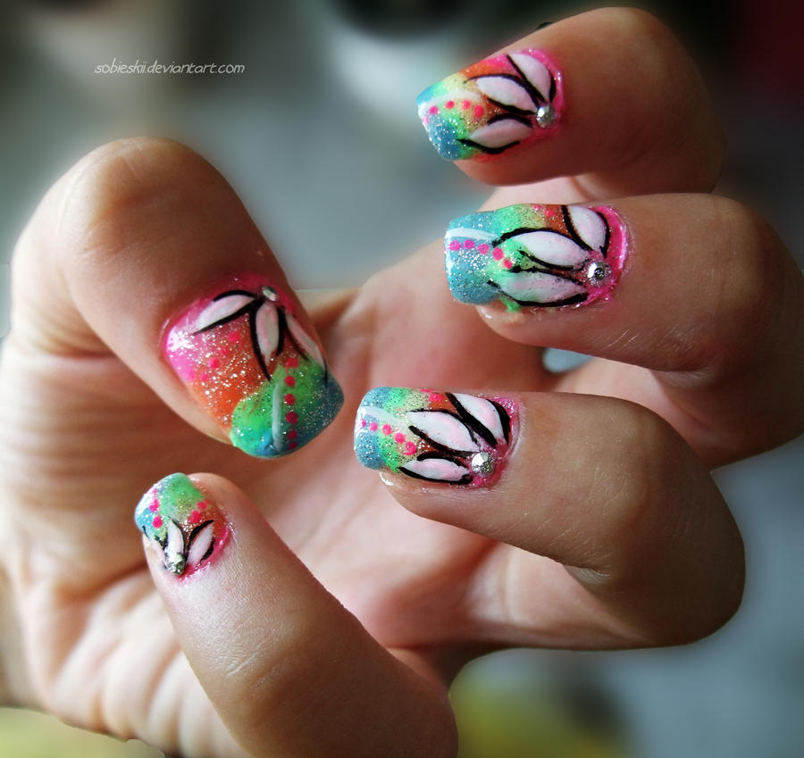 rainbow nails with flower