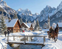Snowy Village With Church And Horse With Sleigh