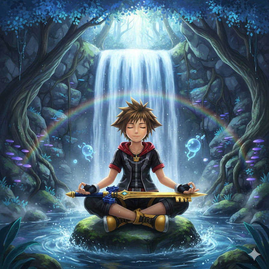 Sora meditating near a waterfall by KyleEugeneSnyder on DeviantArt