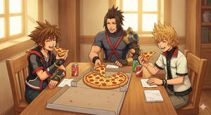Sora Roxas and Terra eating pizza together