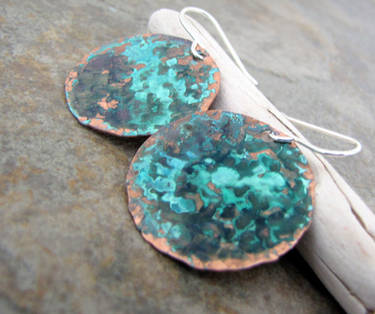 Hammered Copper Teal Earrings