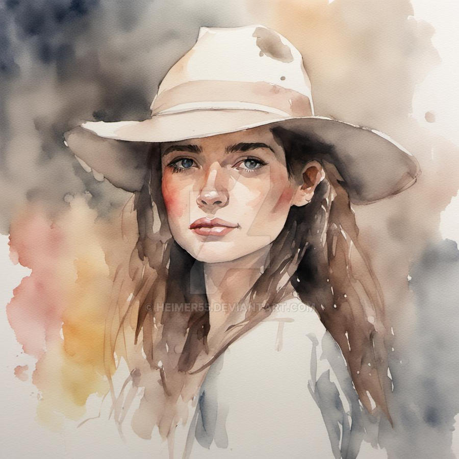 Watercolor Portrait, Lady with hat