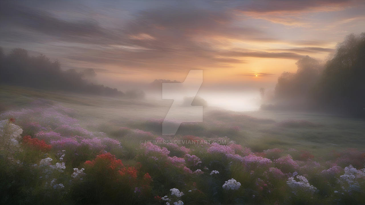 Misty morning flower landscape