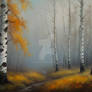Foggy birch forest in fall