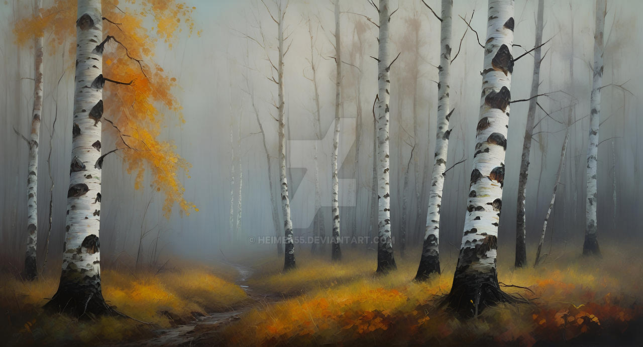 Foggy birch forest in fall