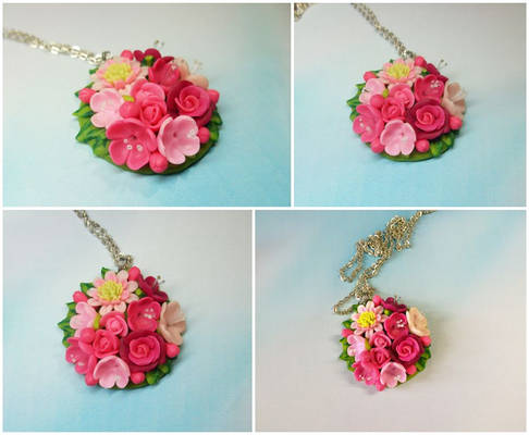 Polymer clay pink pendant with flowers