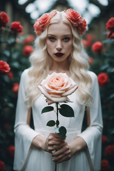 Weird Albino girl holding beautiful rose