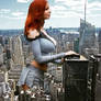 Red-haired Giantess Strolls Among City Skyscrapers