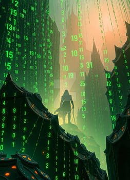 Cyber man in Matrix, cascade of green glowing