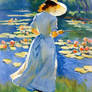 Lady in Blue by the Water Lily Pond