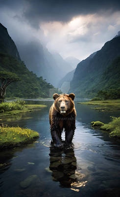 Majestic Brown Bear Walking Through Mountain River