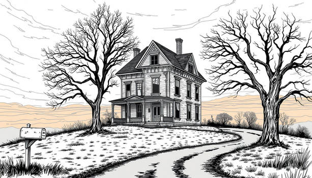 A surreal dilapidated Victorian house on a grassy