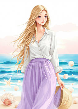 Collage Of Dreamy Beachcomber Woman With Long Sand