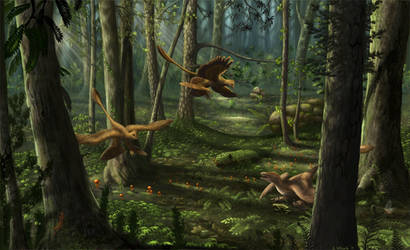 Liaoning Scene: Microraptor and Sinornithosaurus