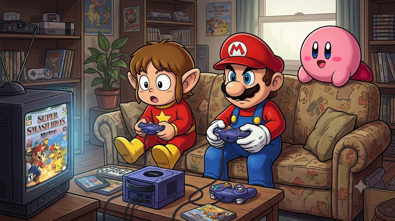 Alex Kidd and Mario Playing Super Smash Bros Melee
