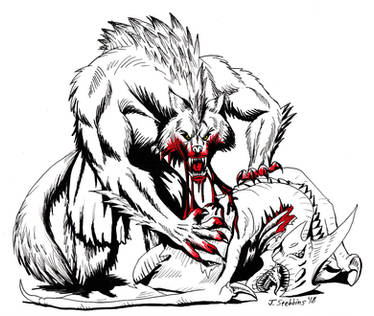 #inktober: Werewolf eating a Wyvern