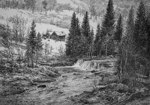 Snowy Norwegian Waterfall