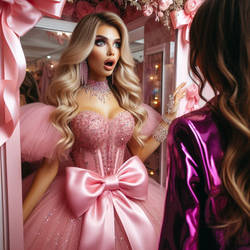 Lady is looking at Barbie