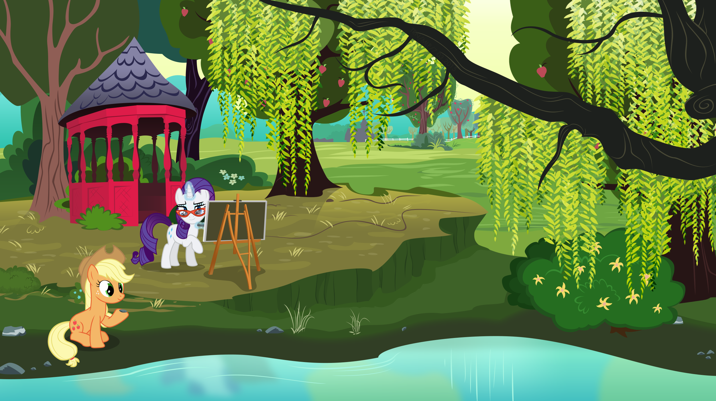 Rarity and Applejack relaxing by a pond