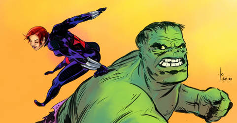 Black Widow and the Hulk play leapfrog