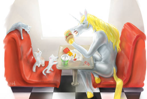 Unicorn Eating a Burger, Cats Get None