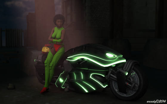Woman with Futuristic Bike in Shadow