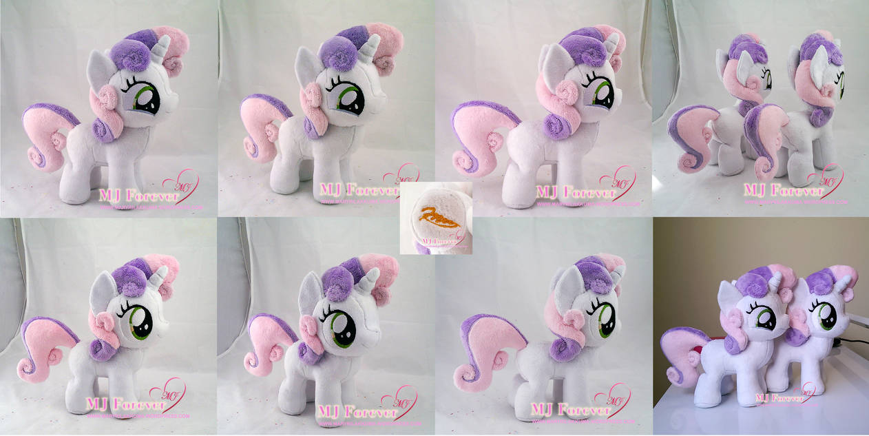 Sweetie Belle Plushies! (commission + mine) by moggymawee