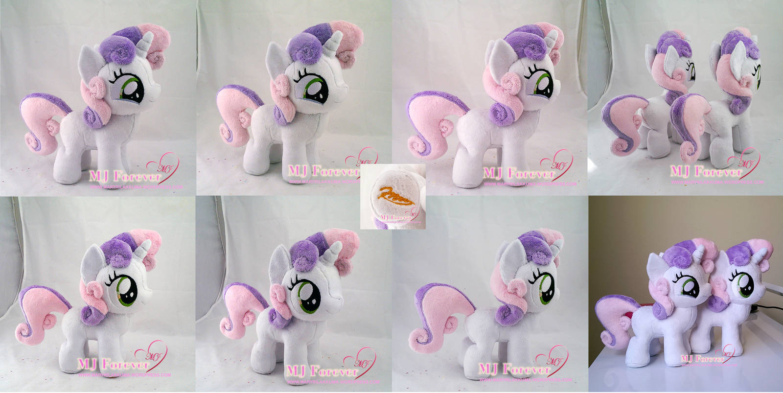 Sweetie Belle Plushies! (commission + mine) by moggymawee