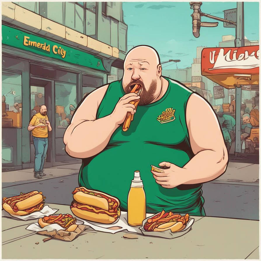 Fat bald guy with goatee eating hot dog 03