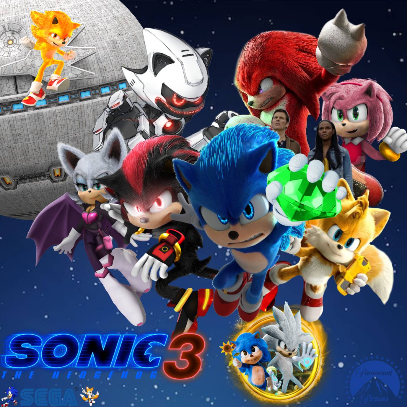 Sonic 3 la película poster con sonic, shadow, silver y metal sonic