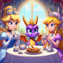 Cinderella and Aurora having tea with Spyro