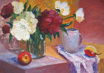 Peonies with apple