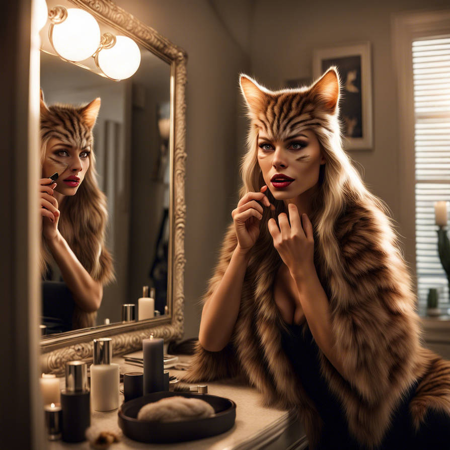 A movie scene of a beautiful woman transforming in