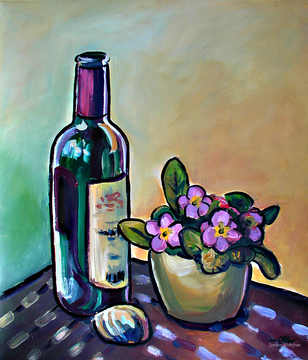 Violets and a Bottle of Wine