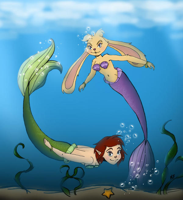 Elora as mermaid and Bianca as merrabbit