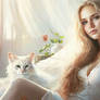 Girl and white cat