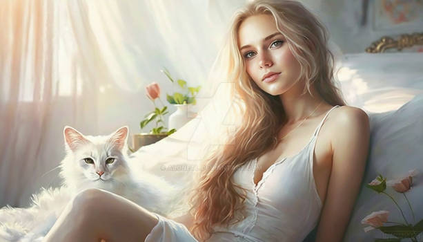 Girl and white cat