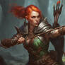 Female Elf Warrior, firing an arrow at a Orc