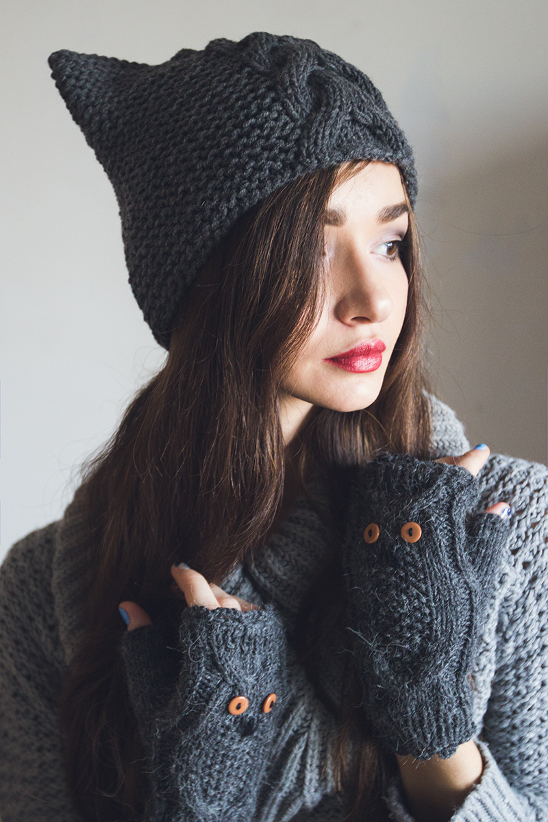 Gray Pattern Beanie and Owl Mittens