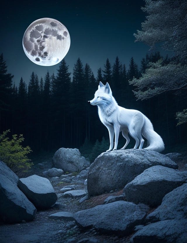 White Fox In Rocks A white fox standing on a rock in front of a moon by XErtzoX on DeviantArt