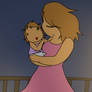 Sonia holding her baby daughter Skyler at night